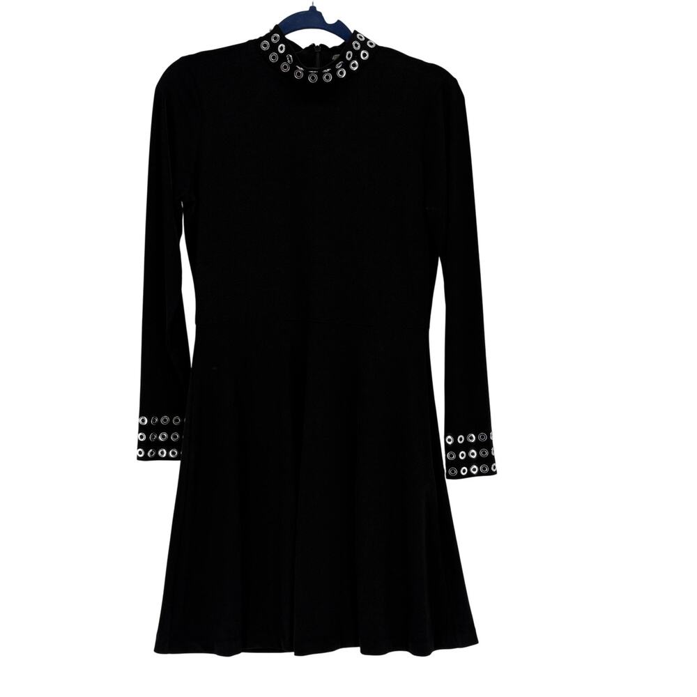 Michael Kors Dress Womens Petite Medium Black Silver Grommet Long Sleeve Flare
